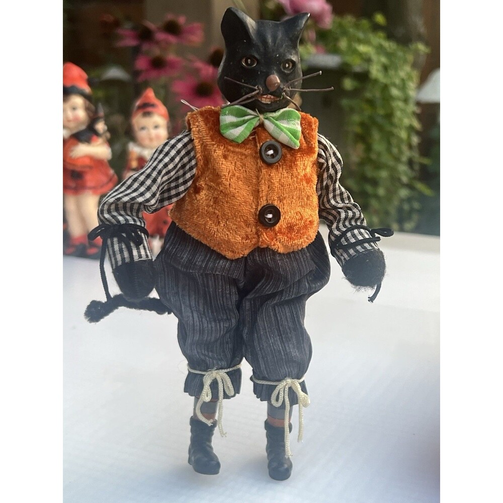 Rare Vintage Halloween Black Cat Folk Art Poseable Shelf Sitter Primitive Decor